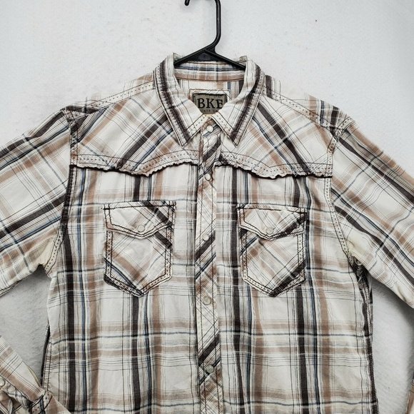 BKE Shirt Men's Long Sleeve Pearl Snap Up Striped Tan White Large*Western - Picture 6 of 12